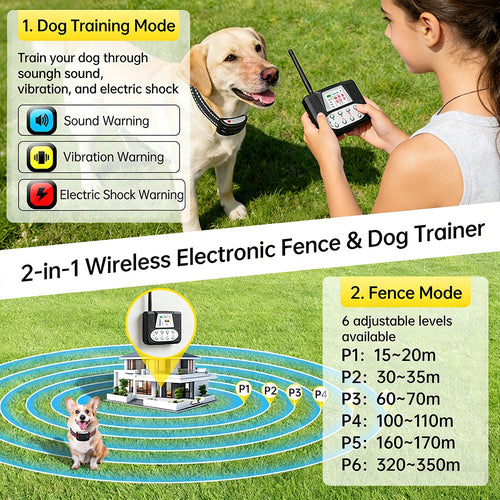 2-in-1 Wireless Dog Fence & Training Collar with Remote – 350m Range, Rechargeable, Waterproof, Safe Shock/Vibration/Sound Modes for All Dogs
