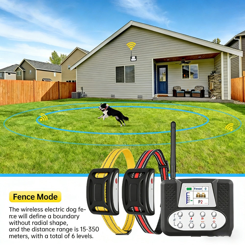2-in-1 Wireless Dog Fence & Training Collar with Remote – 350m Range, Rechargeable, Waterproof, Safe Shock/Vibration/Sound Modes for All Dogs