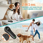 2-in-1 Dog Training Collar with Remote - 500m Range IP67 Waterproof Dog Bark Collar, 3 Modes Beep Vibration Static, Rechargeable Electric Dog Collar for Small Medium Large Dogs