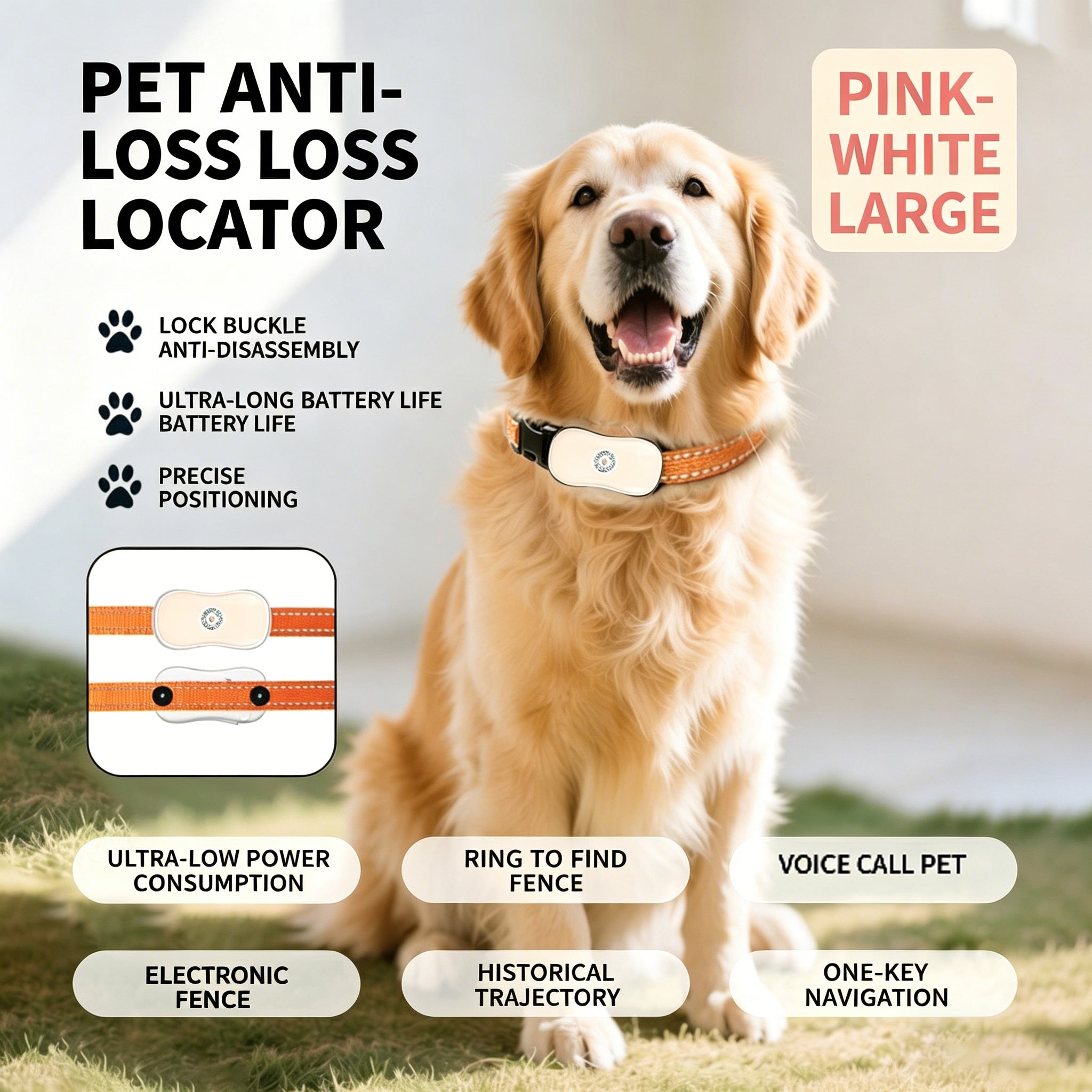 Pet GPS Tracker for Dogs & Cats, IP67 Waterproof Real-Time Location Tracking Collar with Voice Call & Geo-Fence, Rechargeable Smart Pet Locator with Historical Route